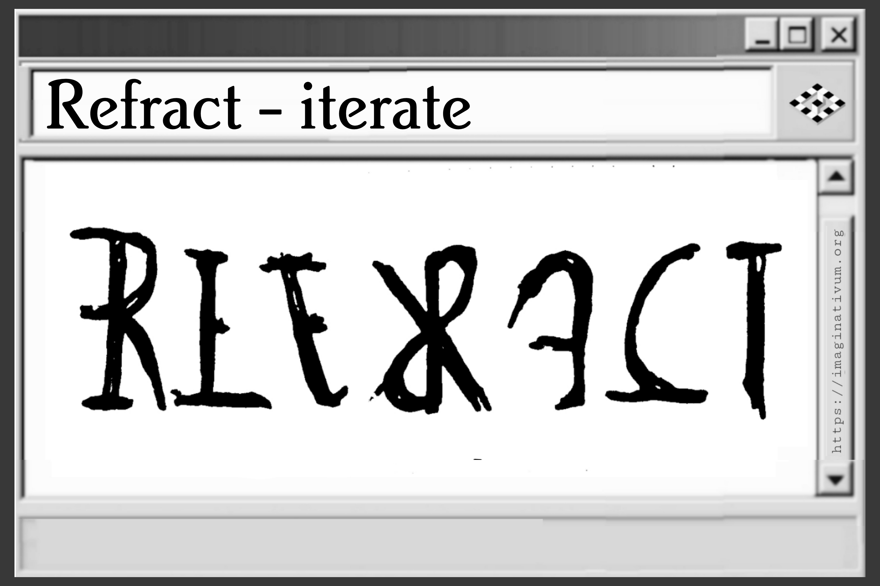 <b>Ambigram Refract Iterate</b><br/><br/>Often fractions/parts of fractals get iterated, so said, copied and simultaneously slightly changed. Iterations and refractions are often related.<br/>What happens if you refract an idea and instantly iterate it?